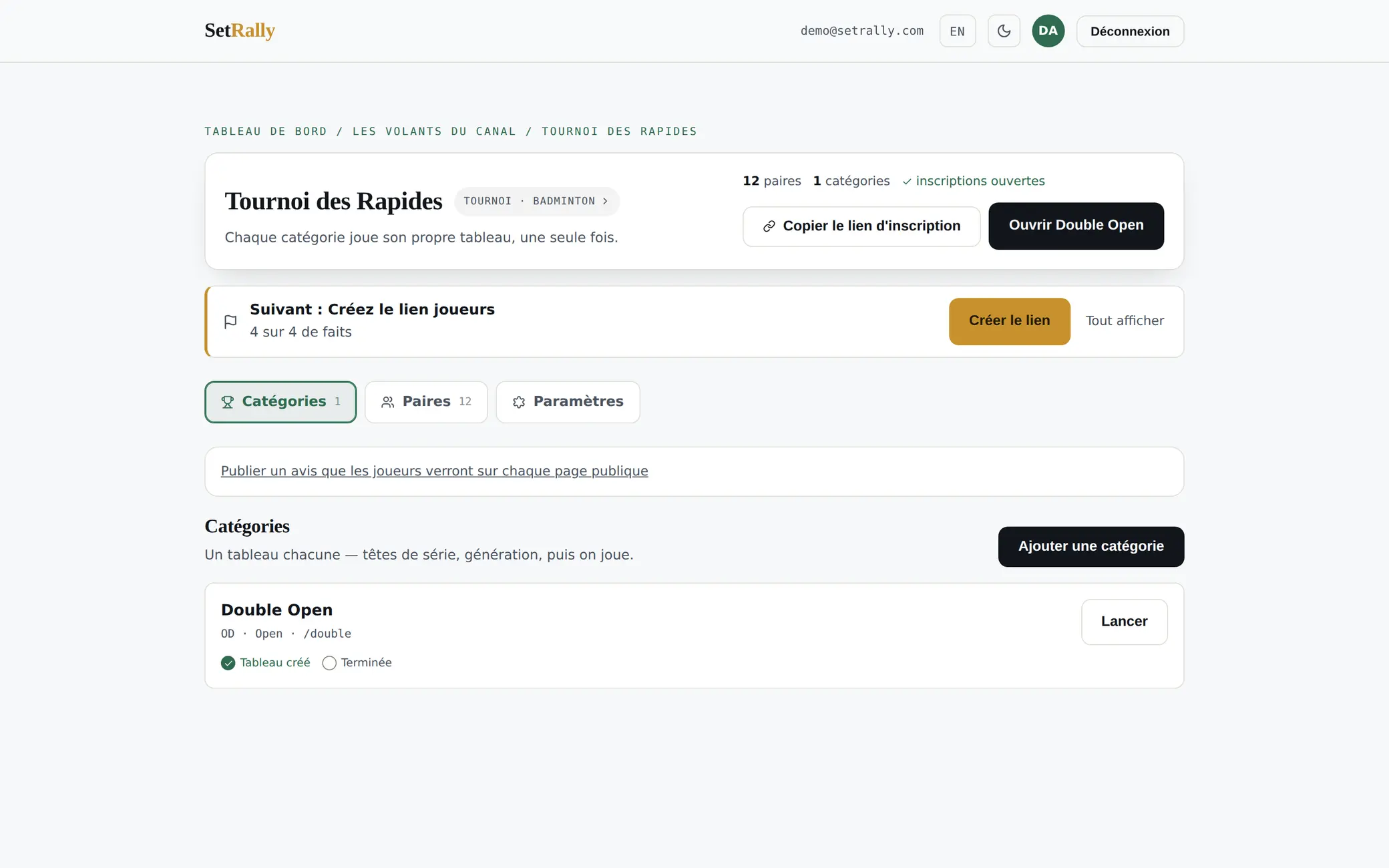 La console d’un événement SetRally, avec ses divisions et ses réglages